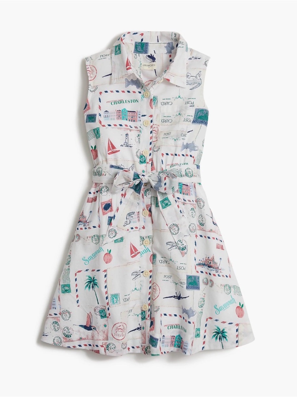Crewcuts White Sleeveless Tie-Waist Travel Print Dress